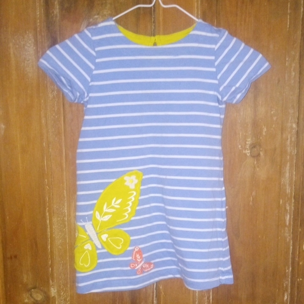 Striped Blue Dress with Yellow Butterfly Design